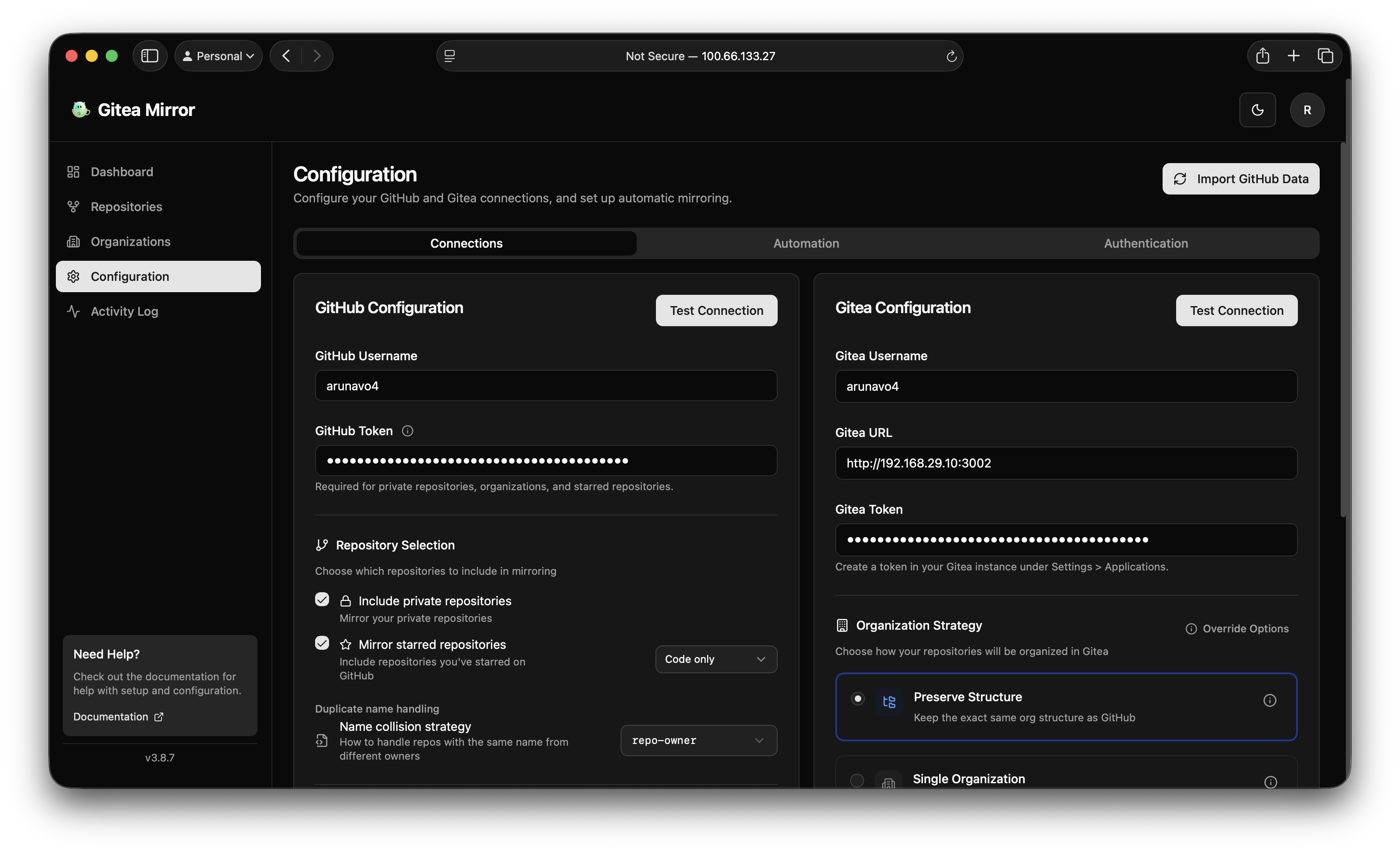 Automation tab in Gitea Mirror showing the automatic syncing controls for GitHub backups.